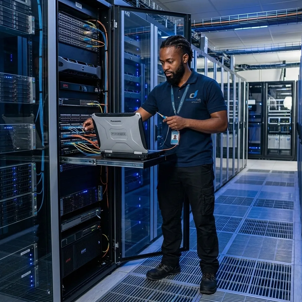 neatly organized server room with glowing blue server rack indicators and cooling fans in a high-tech facility